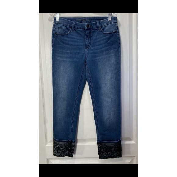 Chico's So Slimming 00 Black Sequin Lace Cuff Ankle Denim Blue Jeans Mint! - Picture 2 of 12